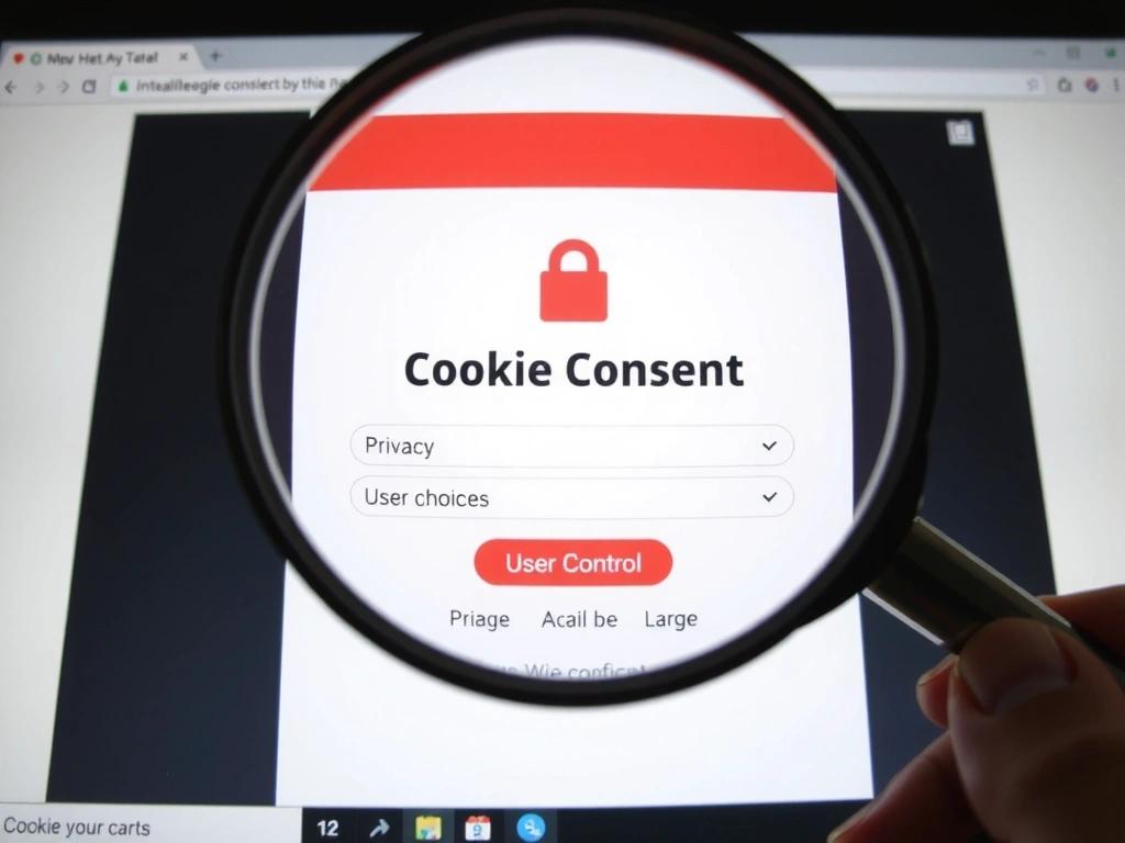 A magnifying glass hovering over a detailed cookie consent form on a digital screen, emphasizing privacy and data control.