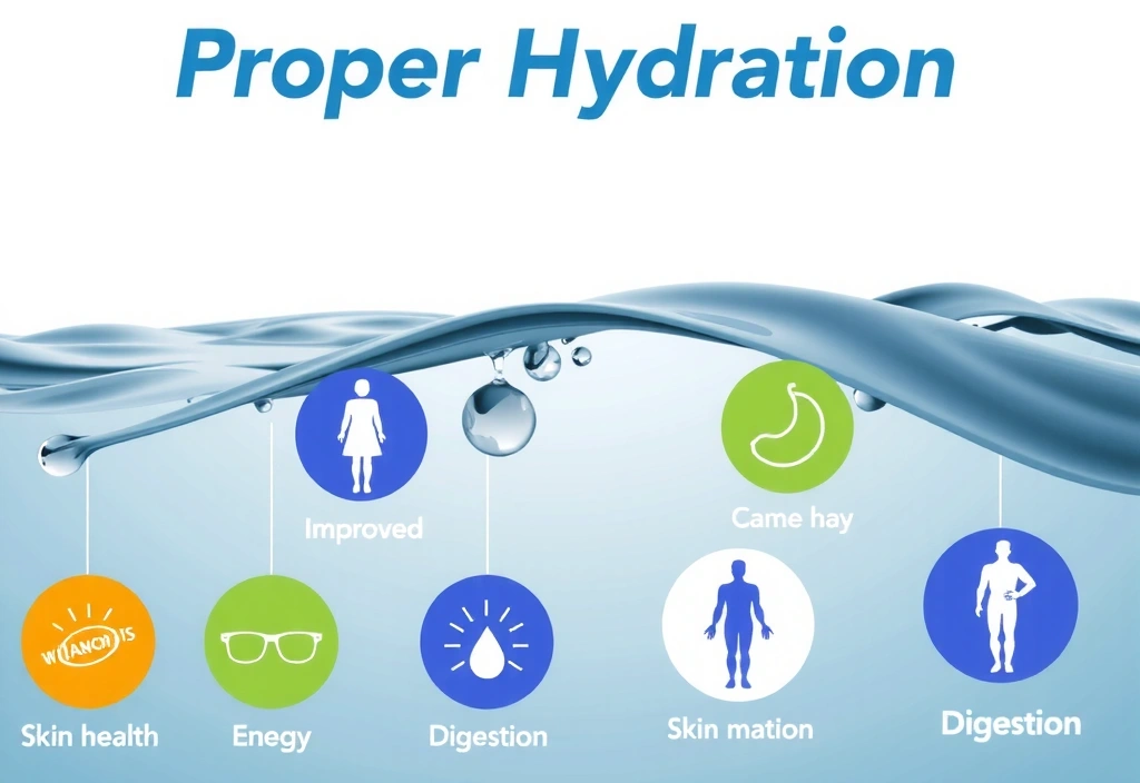 A vibrant infographic illustrating the benefits of hydration with water droplets and healthy body icons
