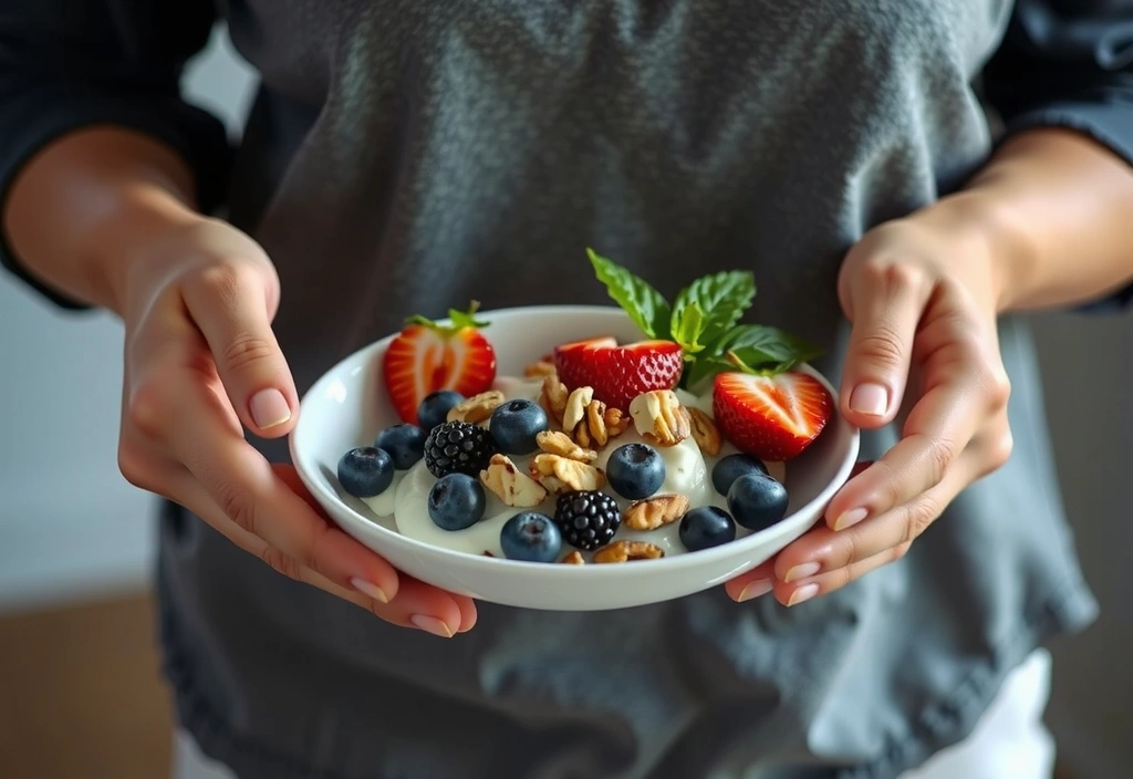 A person happily preparing a vibrant, healthy breakfast with fresh fruits and grains.