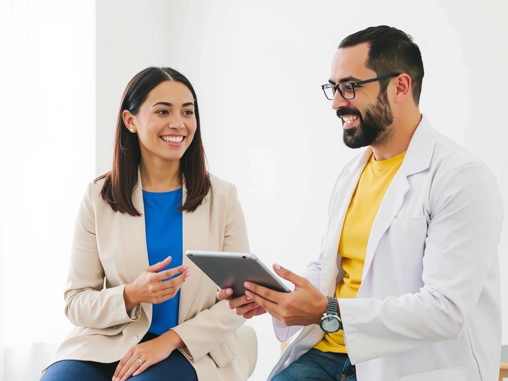 A nutritionist conducting an initial assessment with a client, taking notes on a tablet, symbolizing data collection.