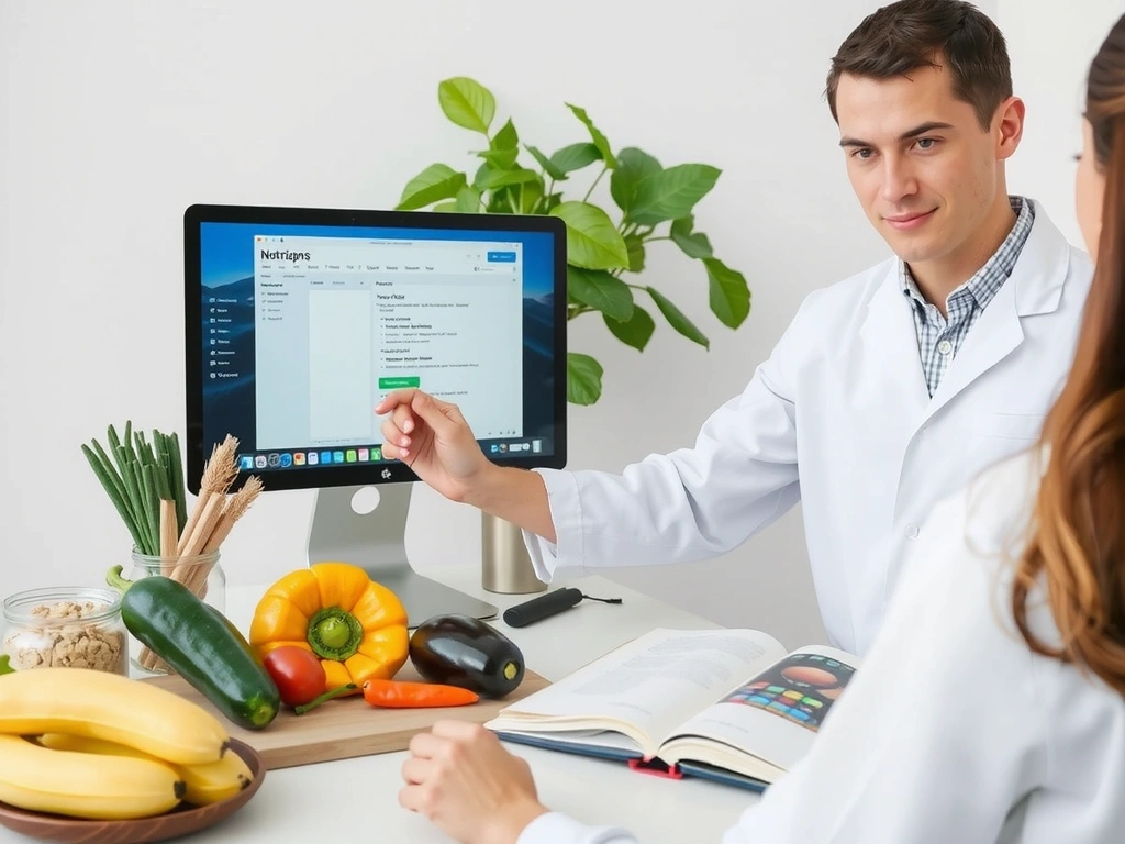 A nutritionist designing a meal plan on a computer, with healthy food ingredients and a recipe book on the desk, symbolizing customization.