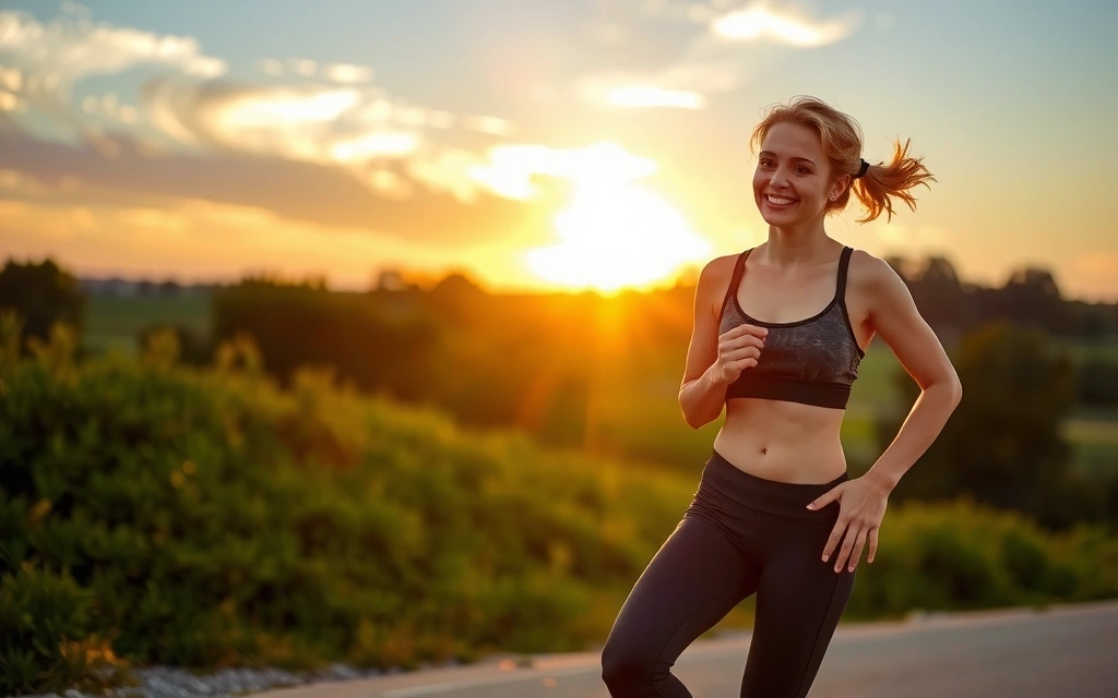 Happy person exercising outdoors with a vibrant sunset background